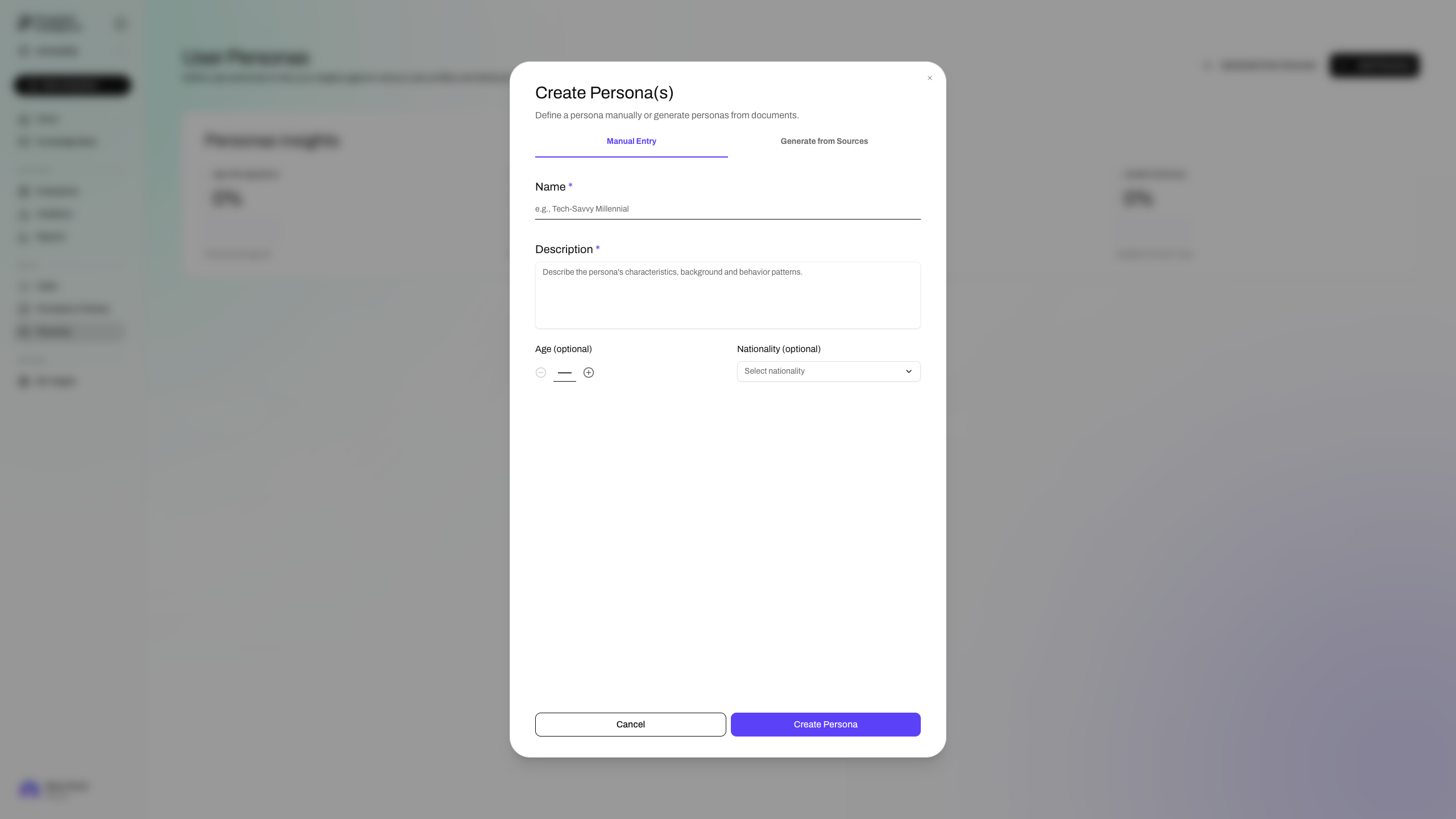 Create Persona dialog with fields for name, description, age, and nationality
