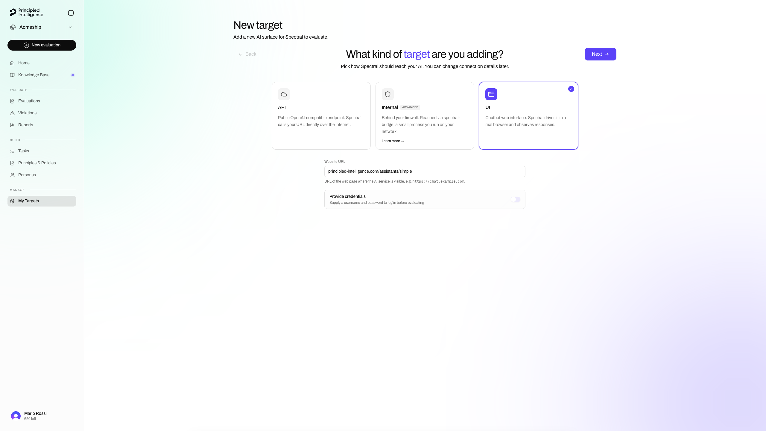Target type selection: UI selected, website URL entered