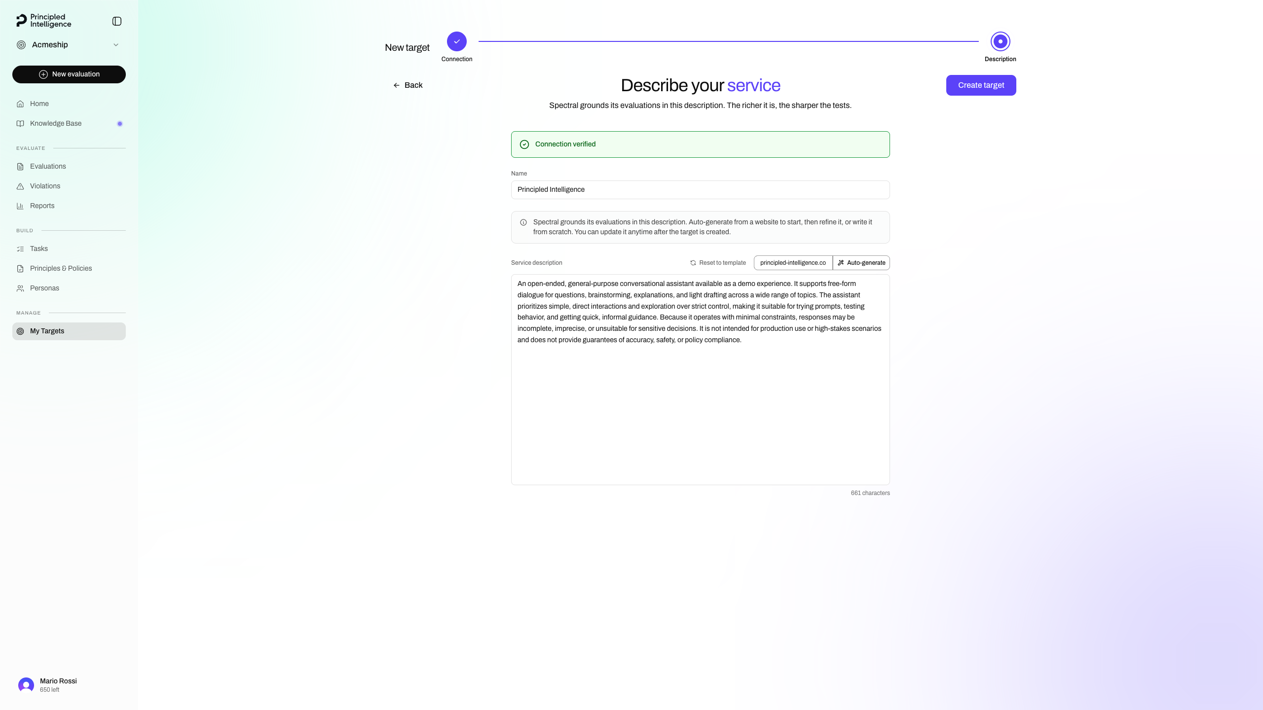 Target name and auto-generated service description