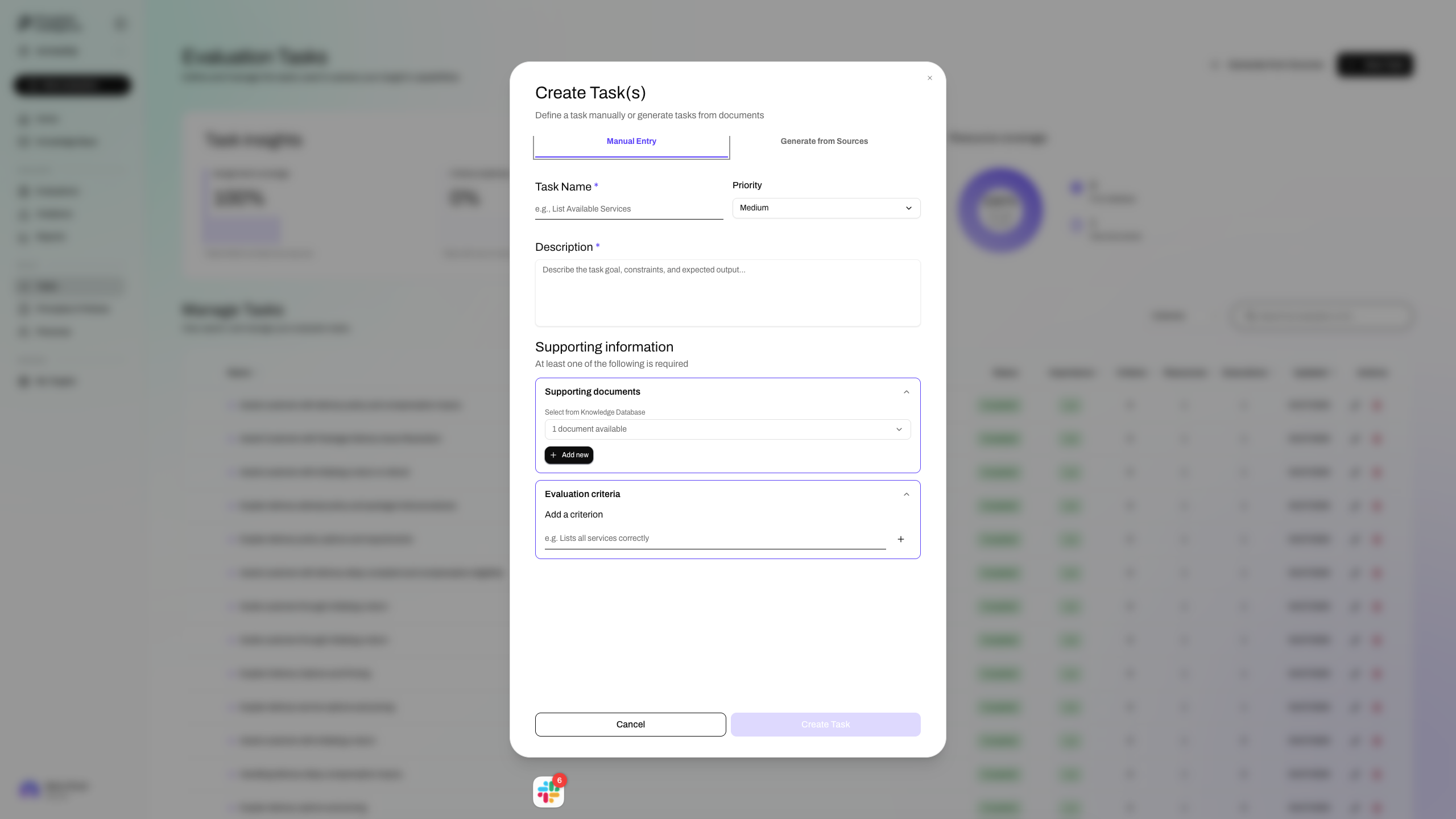 Create Task dialog with fields for task name, priority, description, supporting documents, and evaluation criteria