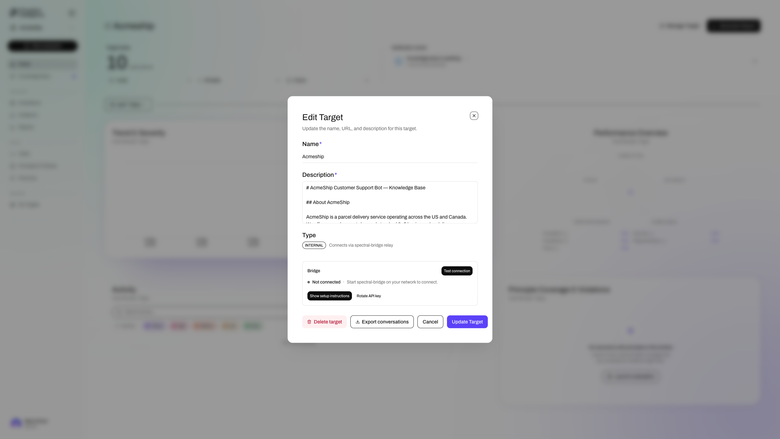 Target settings dialog with the Export conversations button in the footer